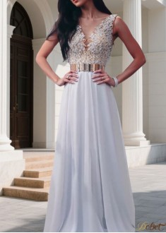 Long Prom Evening Dresses – V-Neck Chiffon Gowns with Beading