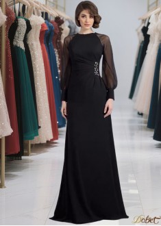 Elegant Scoop Neck Long Sleeve Chiffon Prom Evening Dress with Sweep Train