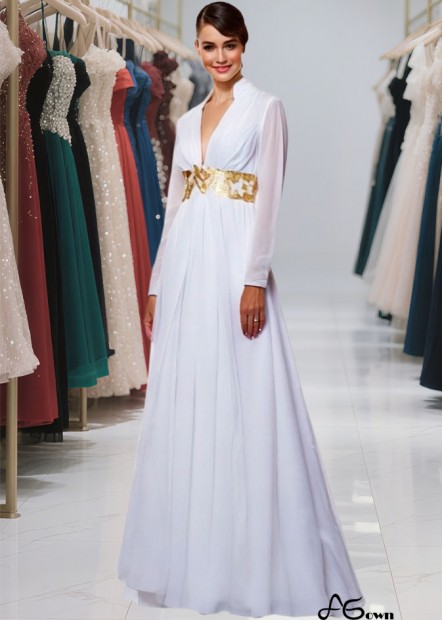 V-Neck Chiffon Prom Evening Dress Floor Length With Long Sleeves