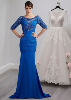 Chiffon Scoop Neck Half Sleeve Trumpet Mother of the Bride Dress with Sweep Train
