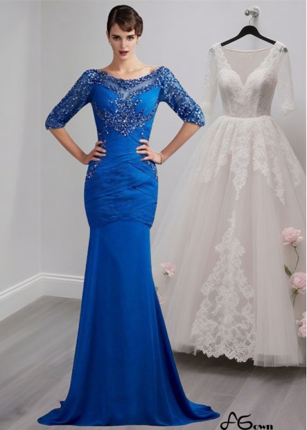 Chiffon Scoop Neck Half Sleeve Trumpet Mother of the Bride Dress with Sweep Train
