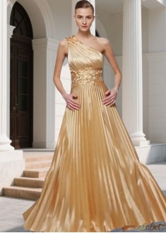 Prom Evening Dress – One Shoulder Satin A Line Gown with Flowers