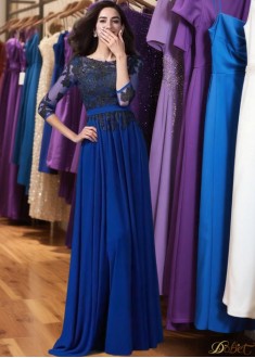 Shop Long Women Evening Dress with Scoop Neckline and Applique UK