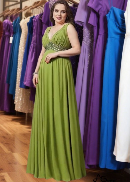 Plus Size Floor-Length Chiffon Prom Evening Dress with Rhinestone Straps