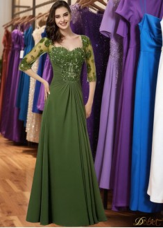 Sweetheart Neckline Chiffon Long Prom Evening Dress with Beading and 3/4 Sleeves
