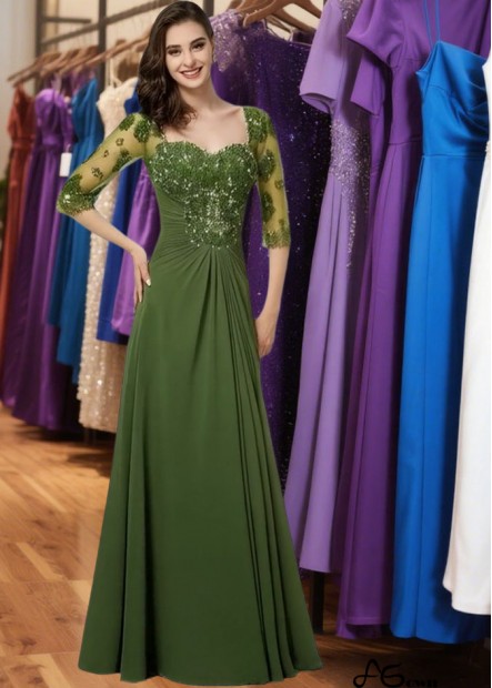Sweetheart Neckline Chiffon Long Prom Evening Dress with Beading and 3/4 Sleeves