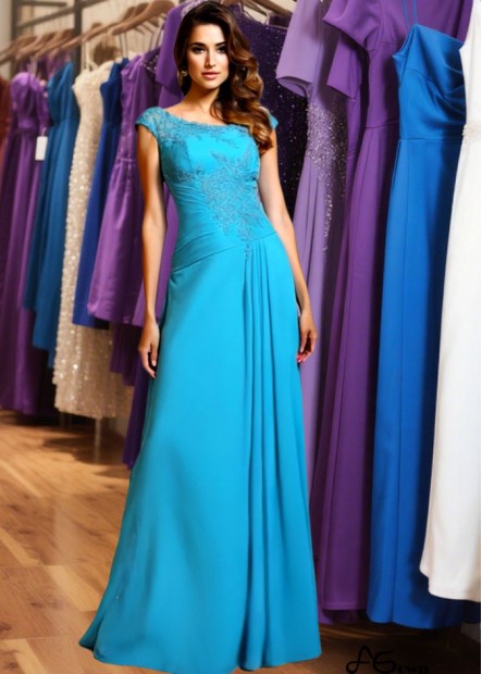 Cap Sleeves Chiffon Sexy Prom Evening Dress with Applique
