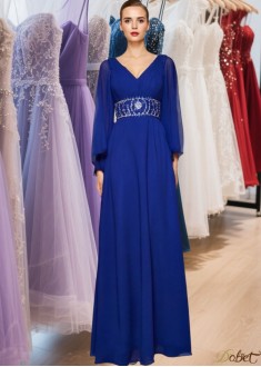 Beaded V-Neck Long Sleeve Chiffon Prom Evening Dress Floor Length