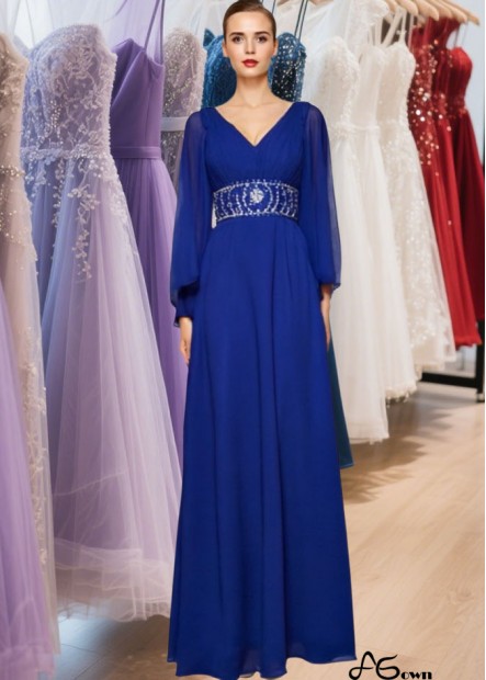 Beaded V-Neck Long Sleeve Chiffon Prom Evening Dress Floor Length