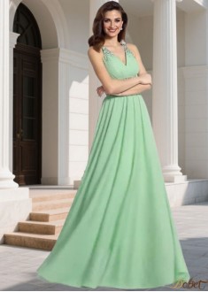 Shop Best Long Prom Dresses – V Neck Beaded Floor Length Gown