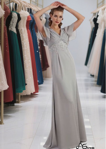Beaded V-Neck Chiffon Sheath Long Prom Evening Dress with Short Sleeves