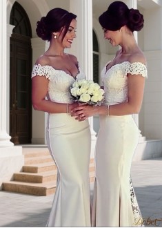 Elegant Satin Off-The-Shoulder Bridesmaid Dress with Lace | Mermaid Sweep Train Gown