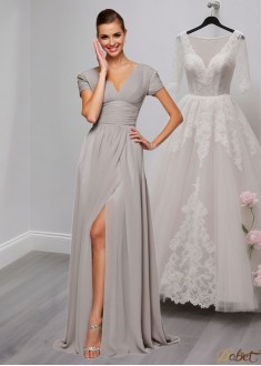 V-Neck Mother of the Bride Evening Dress – Floor Length A-Line with Short Sleeves