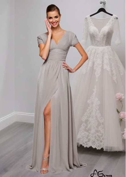 V-Neck Mother of the Bride Evening Dress – Floor Length A-Line with Short Sleeves