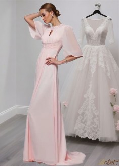 High Neck Chiffon Mother of the Bride Dress with 1/2 Sleeves and Beading
