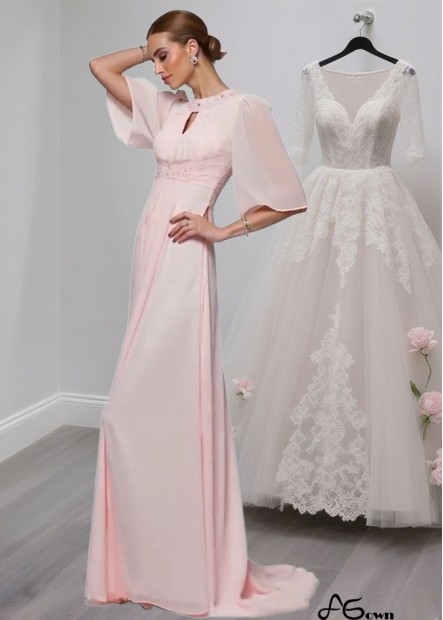 High Neck Chiffon Mother of the Bride Dress with 1/2 Sleeves and Beading