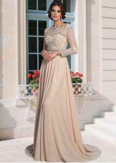 Elegant Chiffon Mother of the Bride Evening Dress – Scoop Neck Beaded A-Line with Long Sleeves & Sweep Train