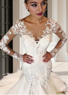 Backless Long Sleeve Lace Mermaid Tulle Wedding Dress