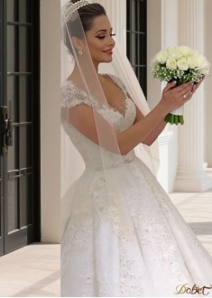 Beaded V-Neck Tulle Ball Gown Wedding Dress with Floor-Length Train