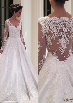 Lace Satin Long Sleeve Ball Gown Wedding Dress