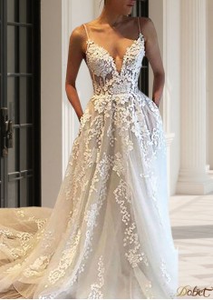 Spaghetti Straps Tulle A Line Wedding Dress