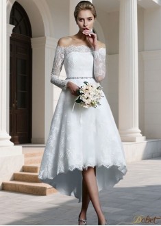 Off the Shoulder Long Sleeve Lace Asymmetrical Wedding Dress
