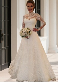High Neck Lace Ball Gown Wedding Dress