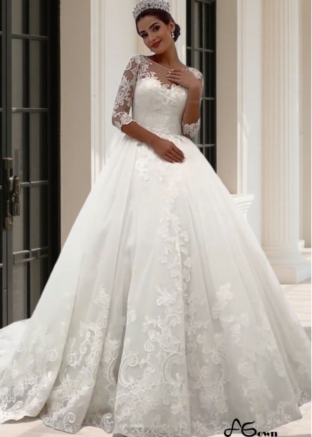 Tulle Ball Gown Wedding Dress – 3/4 Sleeves & Court Train Bridal Gown