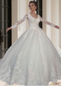 V Neck Long Sleeve Tulle Ball Gown Wedding Dresses with Lace Appliques