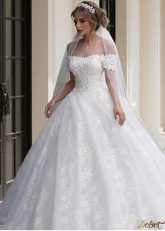 Off The Shoulder Short Sleeve Tulle Ball Gown Wedding Dress With Court Train