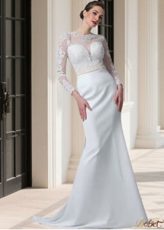 Jewel Neckline Satin Mermaid Wedding Dress with Lace Long Sleeves 
