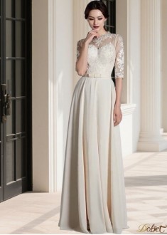 Chiffon Jewel Neck A-Line Beach Wedding Dress with Half Sleeves