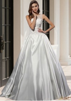 Satin Scoop Neck Sleeveless Ball Gown Wedding Dress With Applique and Chapel Train