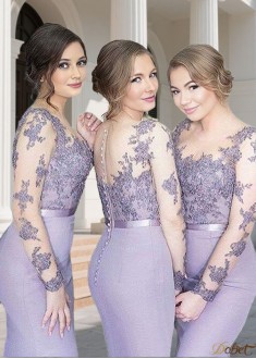 Elegant Jersey Tulle Long Sleeve Scoop Neck Bridesmaid Dress – Mermaid Silhouette
