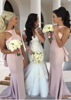 Elegant Halter Neck Satin Mermaid Bridesmaid Dress with Applique Detailing