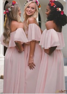 Off The Shoulder Pink Chiffon Bridesmaid Dress – Sleeveless Floor-Length A-Line Gown