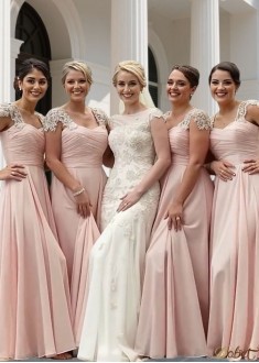 Short Sleeve Chiffon Bridesmaid Dress with Beading – Floor-Length A-Line Gown