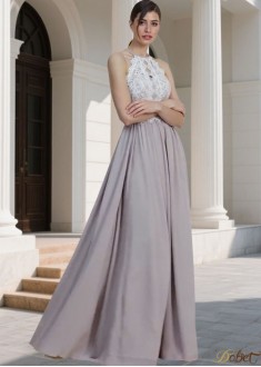 Elegant Halter Neck Lace Chiffon Bridesmaid Dress – Sleeveless A-Line Floor Length Gown