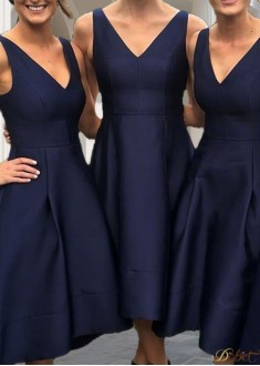 Sleeveless V-Neck Satin Tea-Length A-Line Bridesmaid Dress