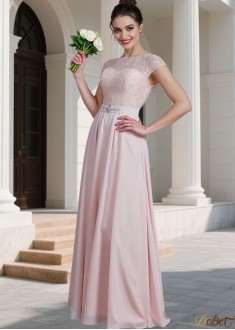 Elegant Bateau Neck Chiffon Bridesmaid Dress with Lace – Floor-Length A-Line Gown