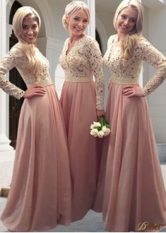 Elegant V-Neck Lace Chiffon Long Sleeve Bridesmaid Dress for Wedding Party
