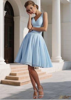 Chiffon V-Neck Knee-Length Bridesmaid Dress with Pleated Embellishment | A-Line Silhouette