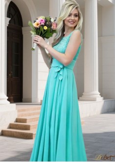 Elegant Scoop Neck Chiffon Bridesmaid Dress with Lace | Floor-Length A-Line Gown
