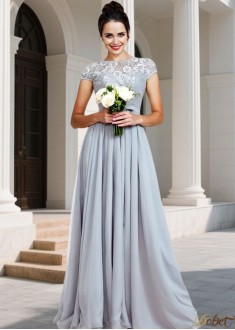 Chiffon Jewel Neck Lace Short Sleeve A-Line Bridesmaid Dresses UK