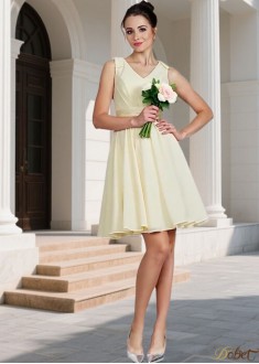 V-Neck Sleeveless Chiffon Short Bridesmaid Dress with Belt | A-Line Mini Wedding Party Dress