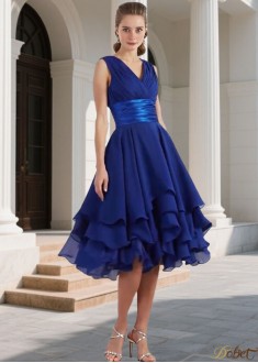 Chiffon V Neck Tea Length Bridesmaid Dresses with Pleats