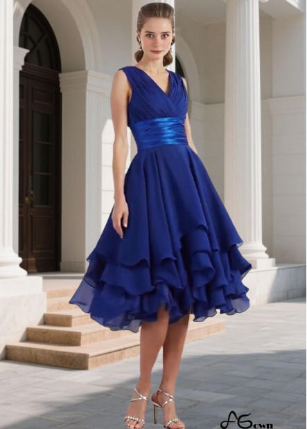 Short Sleeves Chiffon V-Neck Tea-Length Bridesmaid Dress with Pleats