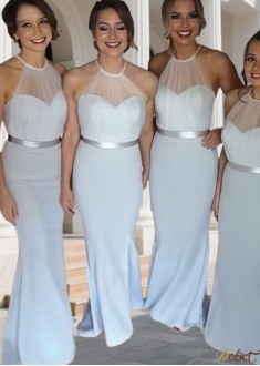 Elegant Blue Chiffon Halter Neck Bridesmaid Dress with Belt – Floor Length Gown