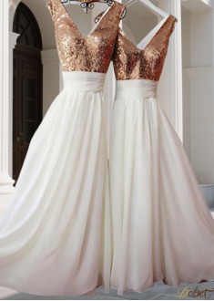 Elegant Sequin V-Neck Chiffon Bridesmaid Dress | Sleeveless Floor-Length Gown