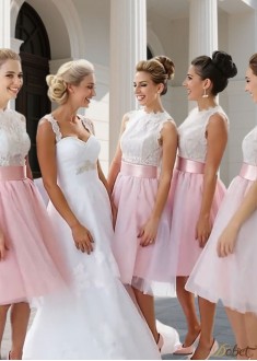 Lace Tulle A-Line Knee-Length Bridesmaid Dress – Sleeveless Scoop Neck Wedding Party Gown